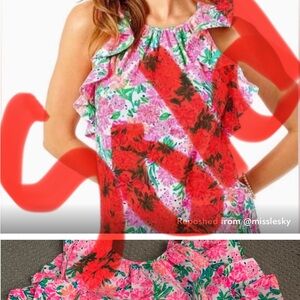 Lilly Pulitzer Pink and Green Blouse with Ruffled Neckline